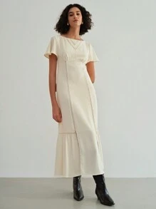 MOTF STUDIO SOLID FLUTTER SLEEVE LACE INSERT RUFFLE HEM DRESS - Apricot - View 7