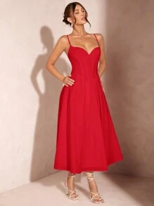 SHEIN BAE 女式束腰肩帶超A字裙中長禮服，白色畢業典禮/婚禮/優雅洋裝 - 紅色 - 查看 5