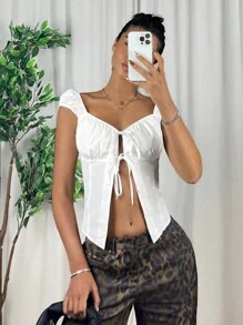 Comfortcana Ruched Bust Tie Front T-Shirt - White - View 4