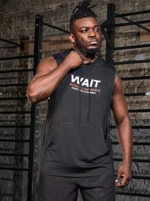 Manfinity Fitness Men Plus Size Slogan Print Drawstring Hooded Sports Tank Top