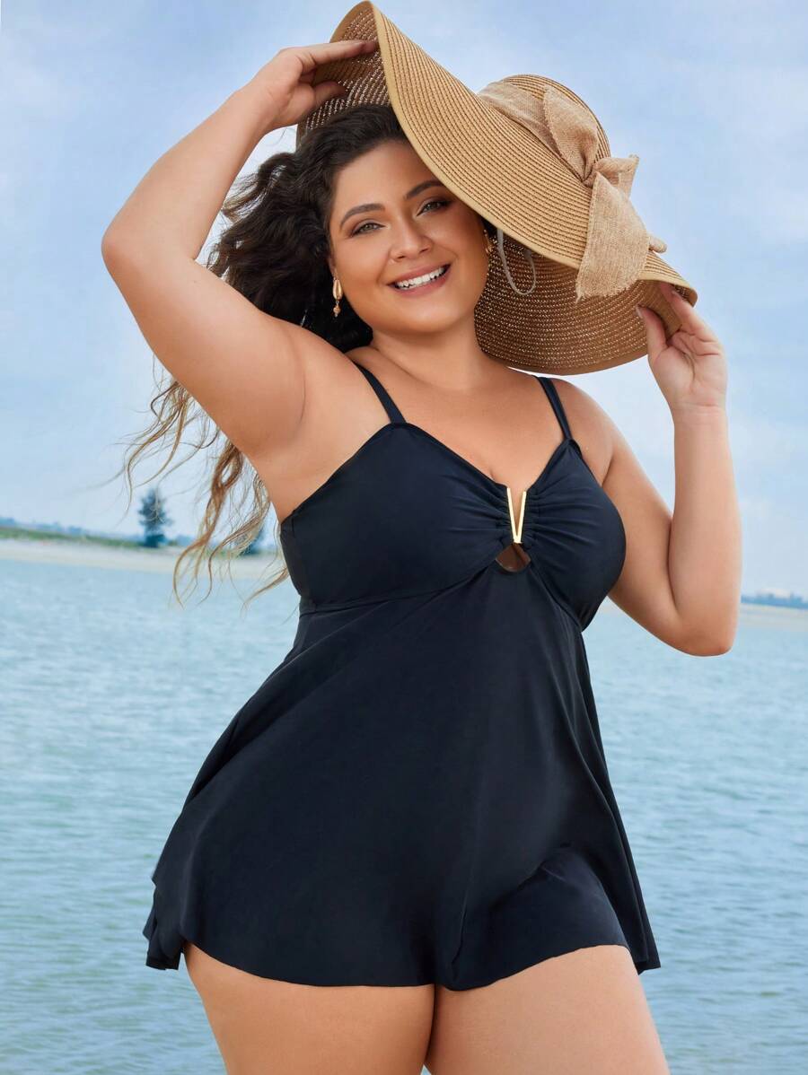 SHEIN Swim Curve Plus Size Summer Beach Solid Cami Swim Dress & Swim Bottom - Black - View 1