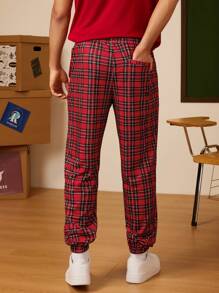HARRY POTTER X SHEIN Pantalon de jogging à carreaux décontracté pour homme, de couleur grise et avec badge Gryffondor - Rouge - Voir 2