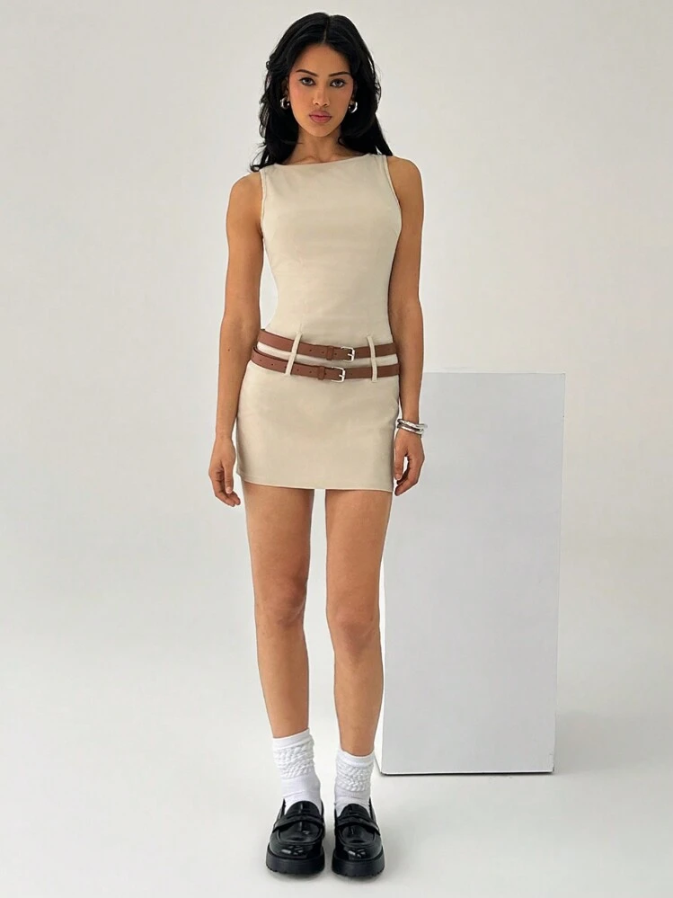 Easelle שמלת יום קיץ Slim Fit ללא שרוולים לנשים - משמש - ראה 3