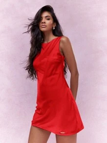 MISSGUIDED Satin Sleeveless Short Sheath Dress Christmas - Red - View 4