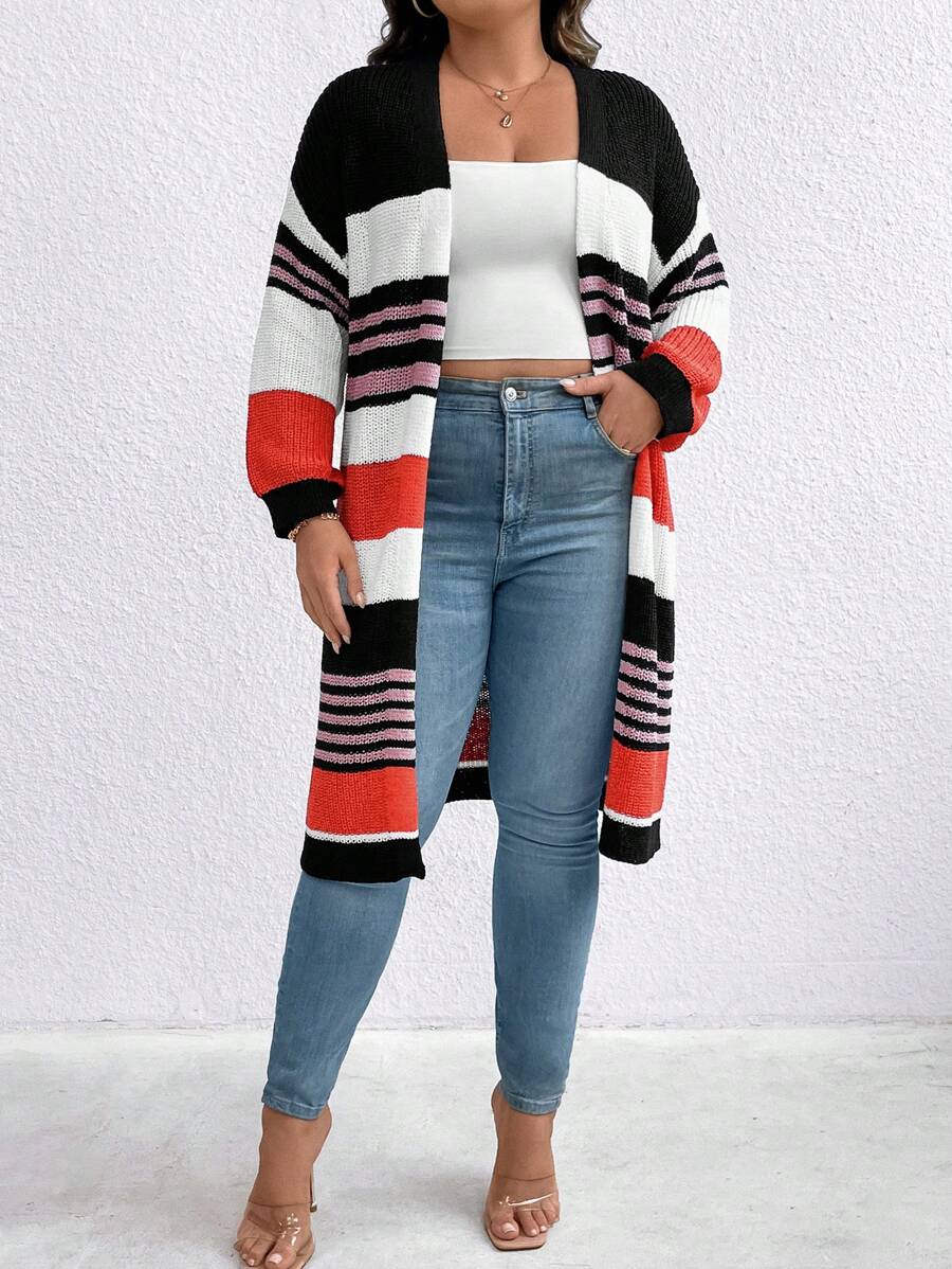 SHEIN LUNE Plus Striped Pattern Drop Shoulder Duster Fall Cardigan , Color Block
