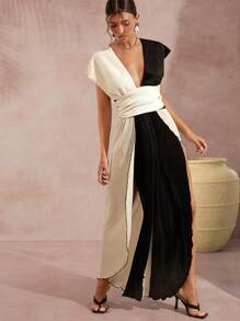 L'Amorae 兩色系深V領分腿連身褲 - 彩色 - 查看 1