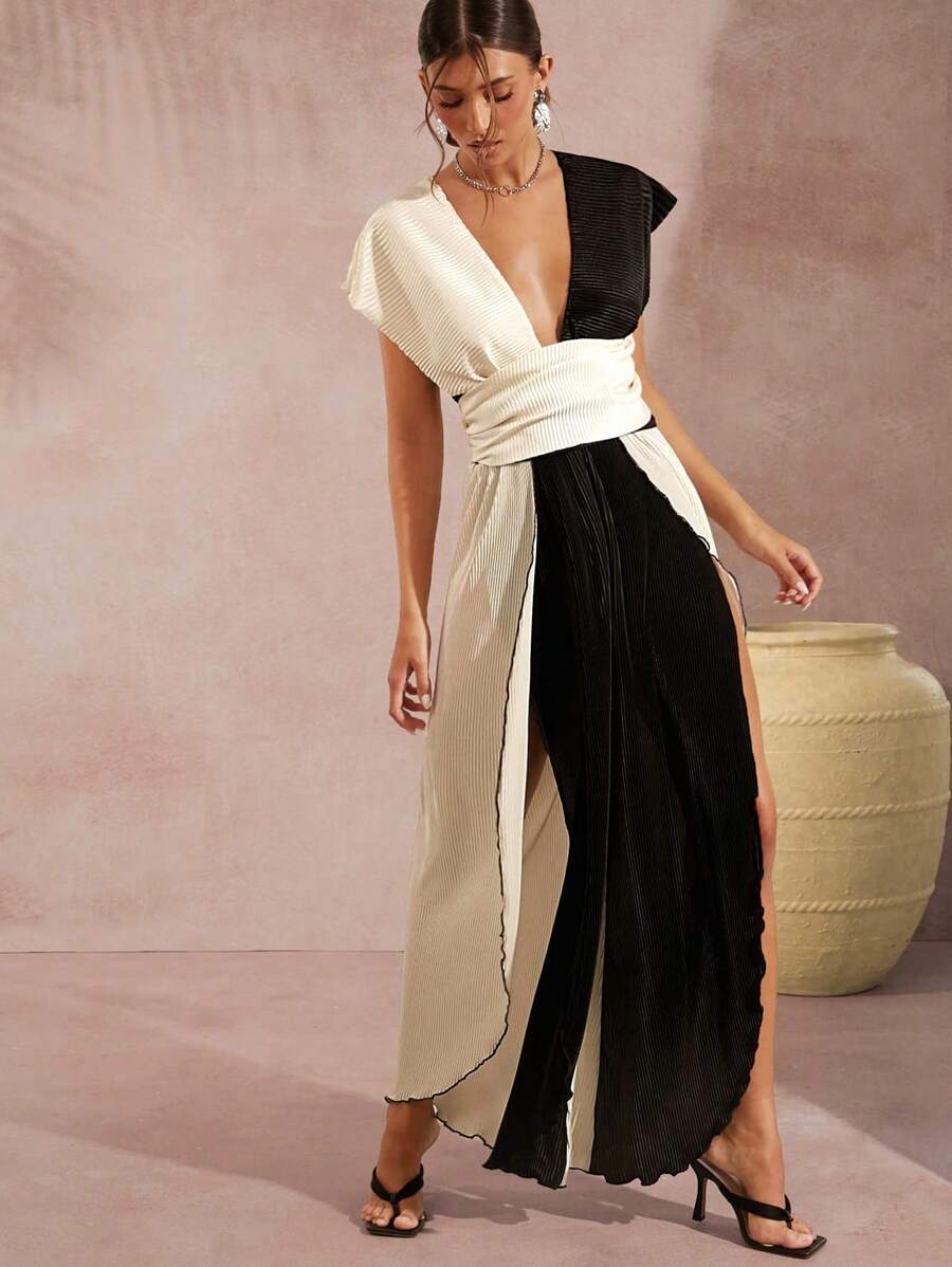 L'Amorae 兩色系深V領分腿連身褲 - 彩色 - 查看 1