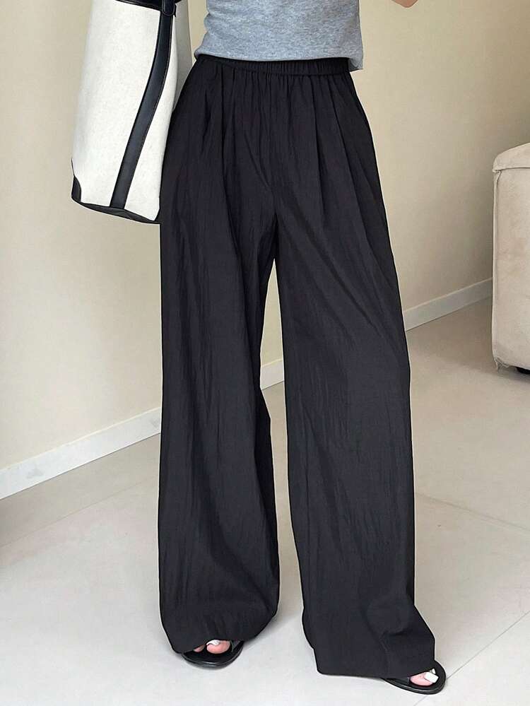 Solid Color Elastic Waist Wide-Leg Pants For Women