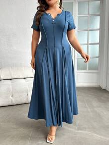 Modelyn 加大码纽扣领口压褶细节短袖连衣裙，适合海滩、派对、夏季、休闲、度假和约会的连衣裙 - 霧霾藍 - 查看 4