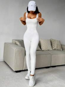 SHEIN EZwear 女士夏季純色方領無袖緊身連身褲 - 白色 - 查看 4
