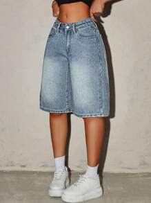 SHEIN ICON Quần Short Denim Bermuda Dây Kéo - Rửa nhẹ - Xem 2