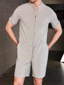 Manfinity Homme Men Zip Up Drawstring Waist Romper For Summer - Grey - View 4