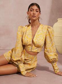 SHEIN Unity Marble Gigot Sleeve Top & Shorts Two Pieces Set
