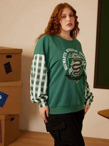 HARRY POTTER X SHEIN Plus Slytherin Áo nỉ in hình huy hiệu màu xanh đậm tương phản, thích hợp mặc hàng ngày và đi chơi - Màu xanh lam - Xem 6