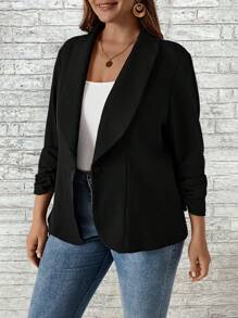 EMERY ROSE Plus Shawl Collar Open Front Blazer - Blue - View 5