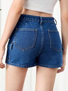 SHEIN Teen Girls Flap Pocket Denim Shorts - Dark Wash - View 2