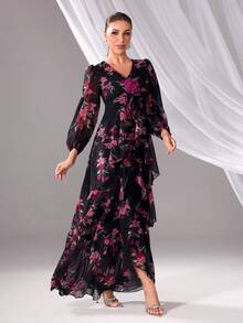 Women's V-Neck Floral Print Ruffle Hem Long Sleeve Dress (Random Print)