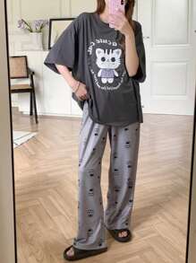 DAZY Conjunto de pijama de manga caída y pantalón para damas con impresión de gato animado - Gris - Ver 6