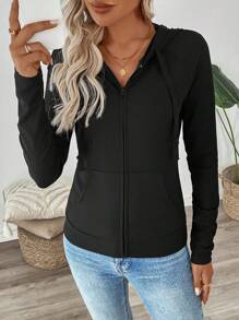 SHEIN LUNE 女士黑色户外健身休闲街头拉链修身长袖运动衫，秋冬季，长袖上衣 - 黑色 - 查看 5