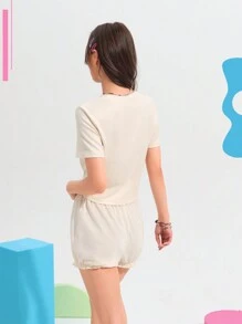 Letter Graphic Tee & Shorts Lounge Set - White - View 2