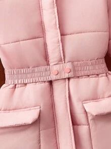 Tween Girl Outdoor Mid-Length Padded Coat, Simple Style, Thickened With Hood, Winter