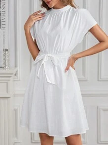 SHEIN Clasi Women's Summer White Elegant Sleeveless High Neck Tie Waist Short Romper Dress,Business Casual Teacher Outfits & Tea Party Clothes - White - View 6