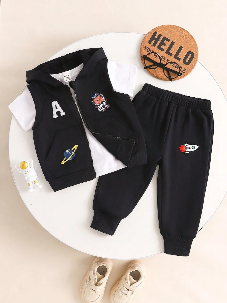 3 pezzi Gilet sportivo casual per neonati maschi senza maniche, Maglietta a maniche corte + pantaloncini / pantaloni outfit estivi - nero - Visualizzare 1