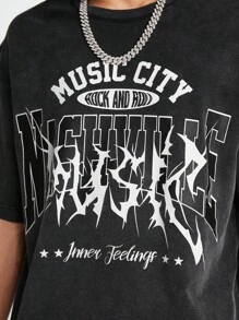 Manfinity VCAY 男士宽松针织短袖T恤，酸洗工艺，英文印花图案 - 黑色 - 查看 7