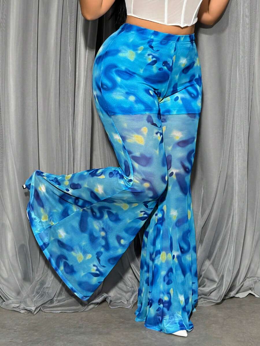SHEIN ICON 大尺碼女士網紗蝴蝶印花喇叭褲 - 藍色 - 查看 1