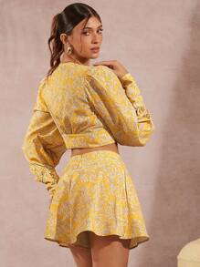 SHEIN Unity Marble Gigot Sleeve Top & Shorts Two Pieces Set