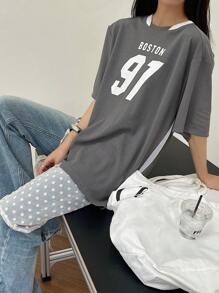 FRIFUL Letter Graphic Contrast Trim Drop Shoulder Tee Oversized T-Shirt - Black - View 5