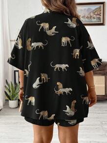 SHEIN LUNE Plus Leopard Print Drop Shoulder Blouse & Shorts, For Summer - Black - View 2