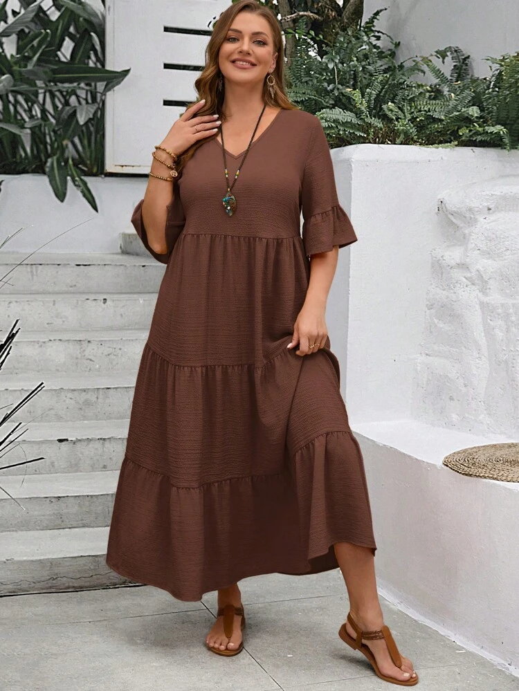 Plus Size Women's Deep V-Neck Ruffle Sleeve Multi-Tiered Hem Long Yellow Dress For Summer