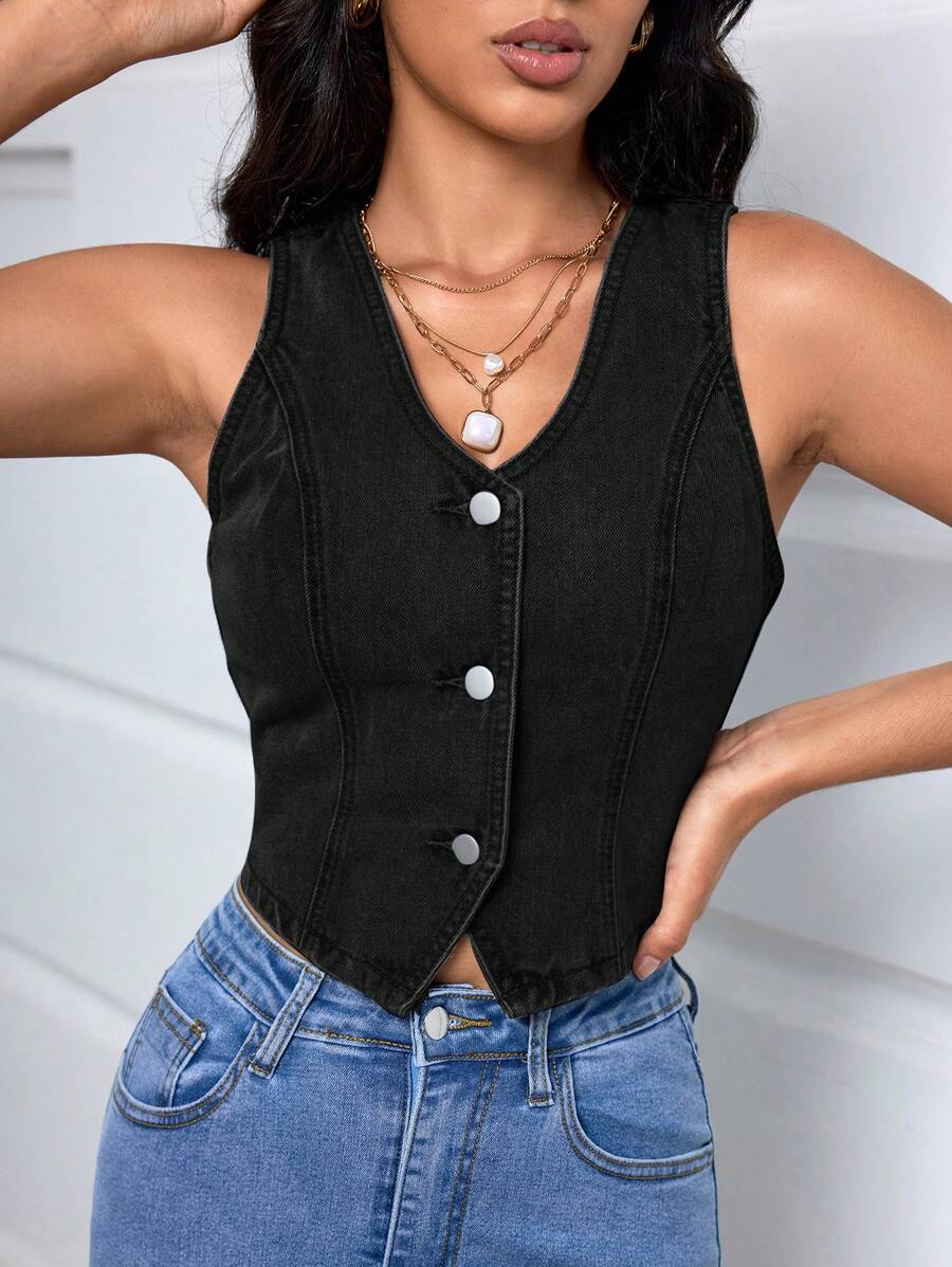 SHEIN Essnce Women's Solid Color Single Breasted Sleeveless Denim Vest - Black - View 1