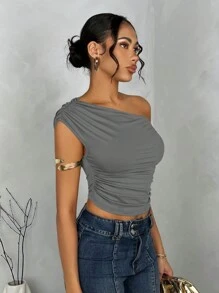 SHEIN BAE 女士實色拼摺不對稱斜肩夏季上衣 - 深灰色 - 查看 4