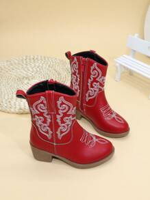 儿童靴子 女童鞋 高筒靴 中筒靴 刺绣高跟鞋 西部牛仔靴 尖头侧拉链 - 紅色 - 查看 2