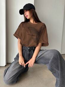 DAZY Butterfly & Slogan Graphic Drop Shoulder Tee THE BUTTERFLY Oversized T-Shirt Preppy Tops - Coffee Brown - View 2