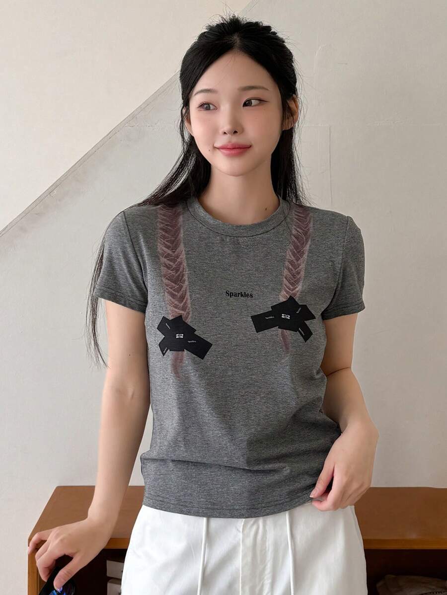 DAZY Letter Graphic Print Short Sleeve Tee Cute Tops,Teacher Outfits - Grey - View 1