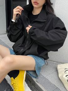 DAZY 拉链抽绳下摆落肩夹克，秋装