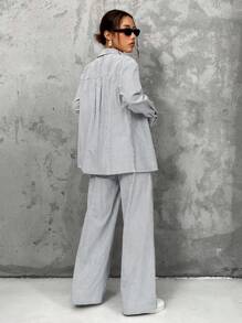 SHEIN EZwear 女式长袖条纹衬衫和裤子两件套 - 藍白色 - 查看 2