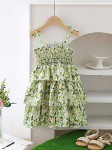 SHEIN Thời gian vui chơi trên bãi biển dành cho các cô gái Phong cách vẽ tranh giản dị Váy bánh nhiều lớp có dây buộc hoa có nơ, hoàn hảo cho những ngày nghỉ bên bờ biển - màu xanh lá - Xem 2