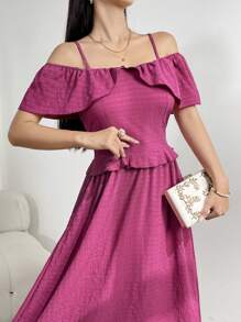 Mulvari Women's Solid Color Pleated Lace Trim Spaghetti Strap Off-Shoulder Sleeve Elegant Summer Dress