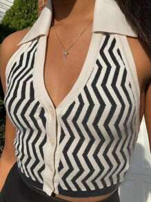 SHEIN Clasi Plus Chevron Pattern Backless Halter Knit Top - Black and White - View 3