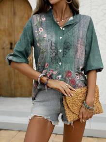 女士复古花卉印花度假休闲衬衫
