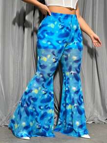 SHEIN ICON 大尺碼女士網紗蝴蝶印花喇叭褲 - 藍色 - 查看 4