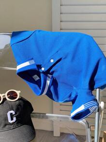 SHEIN 少年休閒校園風短袖Polo衫，帶翻領 - 藍色 - 查看 4