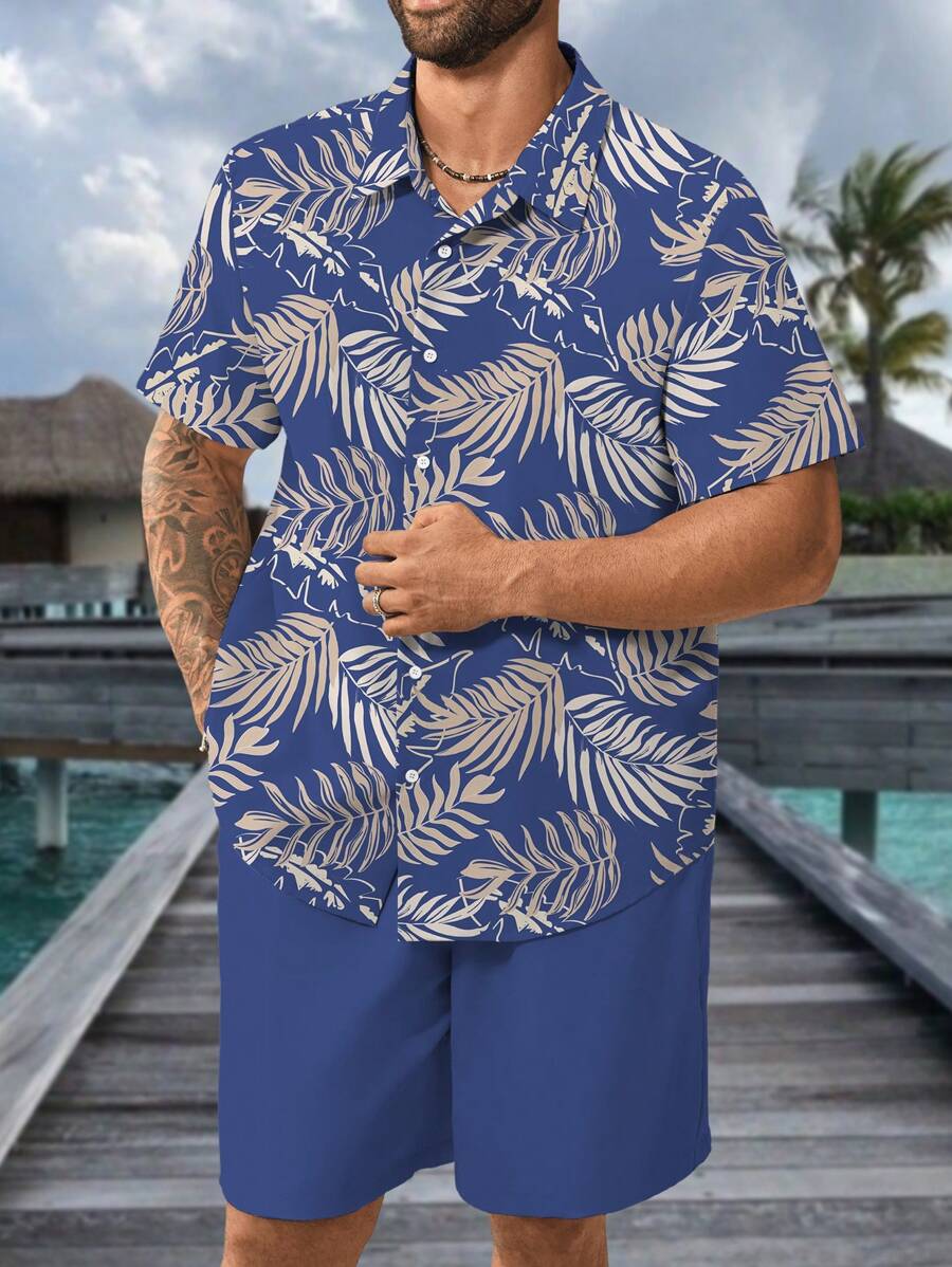 Manfinity RSRT Men Plus Tropical Print Hawaiian Shirt & Shorts For Summer Vacation - Blue - View 1