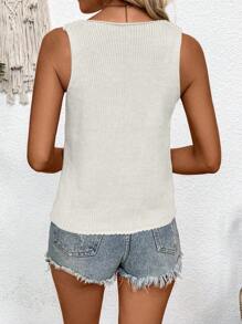 SHEIN LUNE Solid Sleeveless Pointelle Knit Top - White - View 2