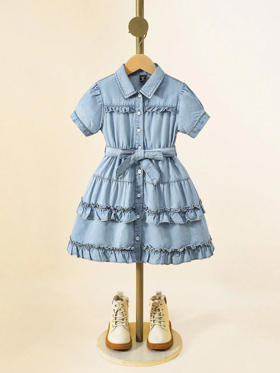 Young Girls Ruffle Hem Belted Denim Dress - Light Wash - View 1