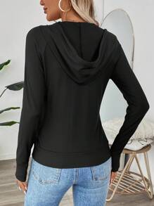 SHEIN LUNE 女士黑色户外健身休闲街头拉链修身长袖运动衫，秋冬季，长袖上衣 - 黑色 - 查看 2